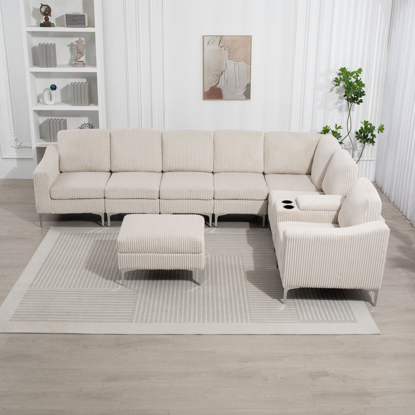 Divano componibile moderno in velluto a coste con porte USB, pouf contenitore e portabicchieri per soggiorno e appartamento