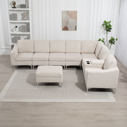 Divano componibile moderno in velluto a coste con porte USB, pouf contenitore e portabicchieri per soggiorno e appartamento