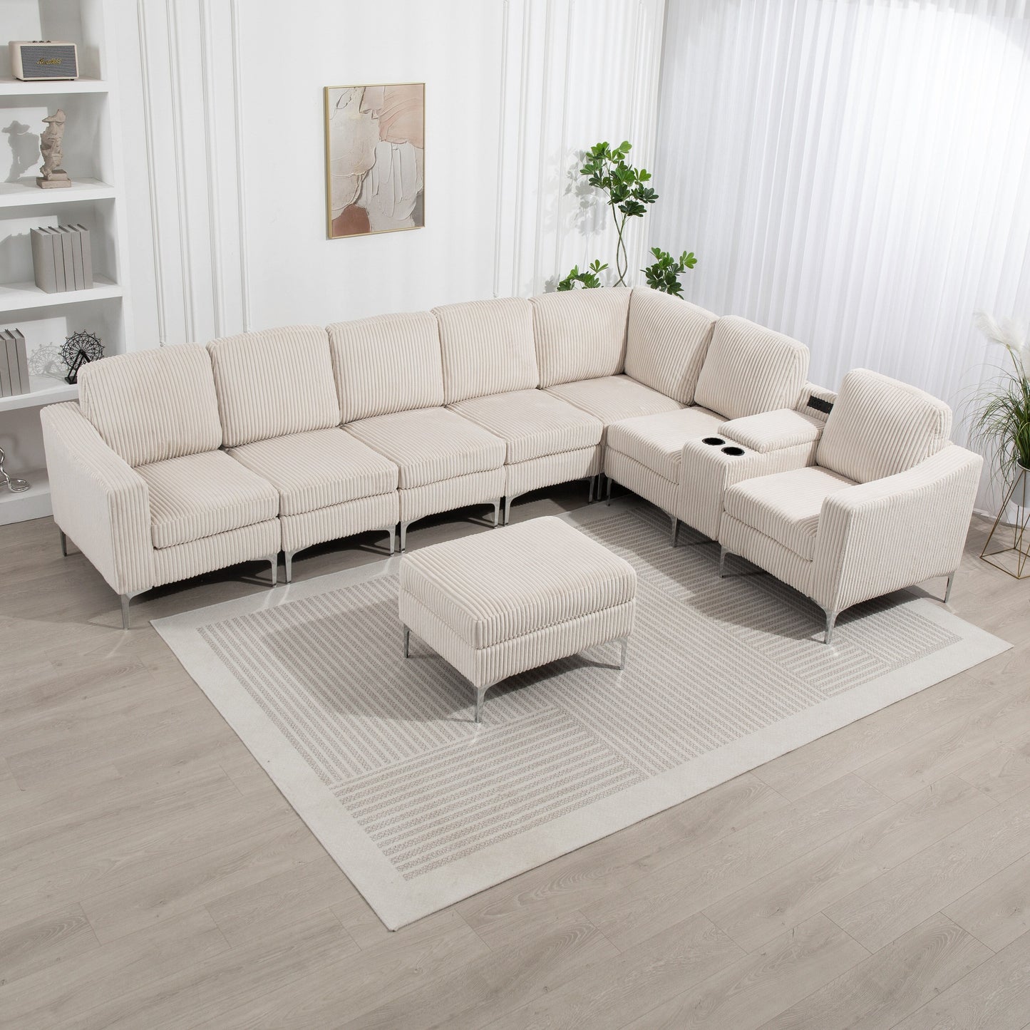 Divano componibile moderno in velluto a coste con porte USB, pouf contenitore e portabicchieri per soggiorno e appartamento