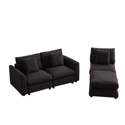 Divano componibile moderno a L con pouf, 3 cuscini e 3 cuscini per soggiorno