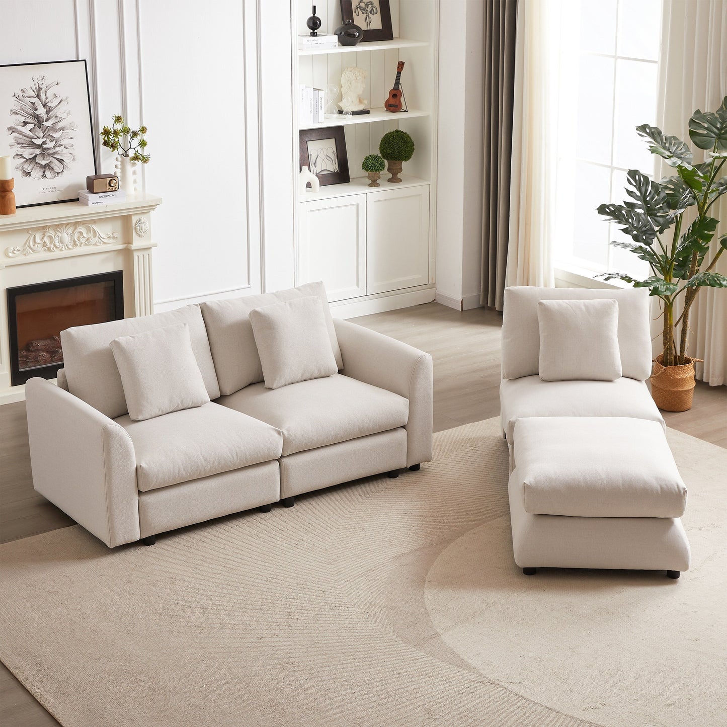 Divano componibile moderno a L con pouf, 3 cuscini e 3 cuscini per soggiorno