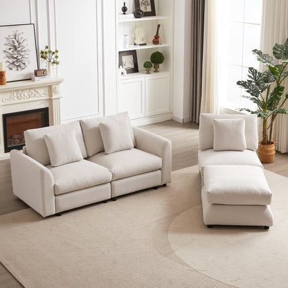 Divano componibile moderno a L con pouf, 3 cuscini e 3 cuscini per soggiorno