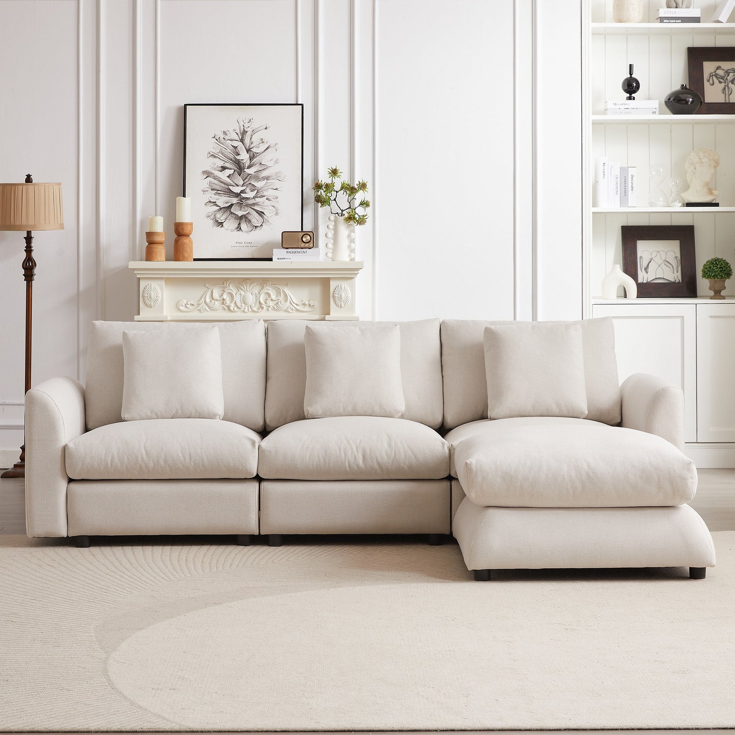 Divano componibile moderno a L con pouf, 3 cuscini e 3 cuscini per soggiorno