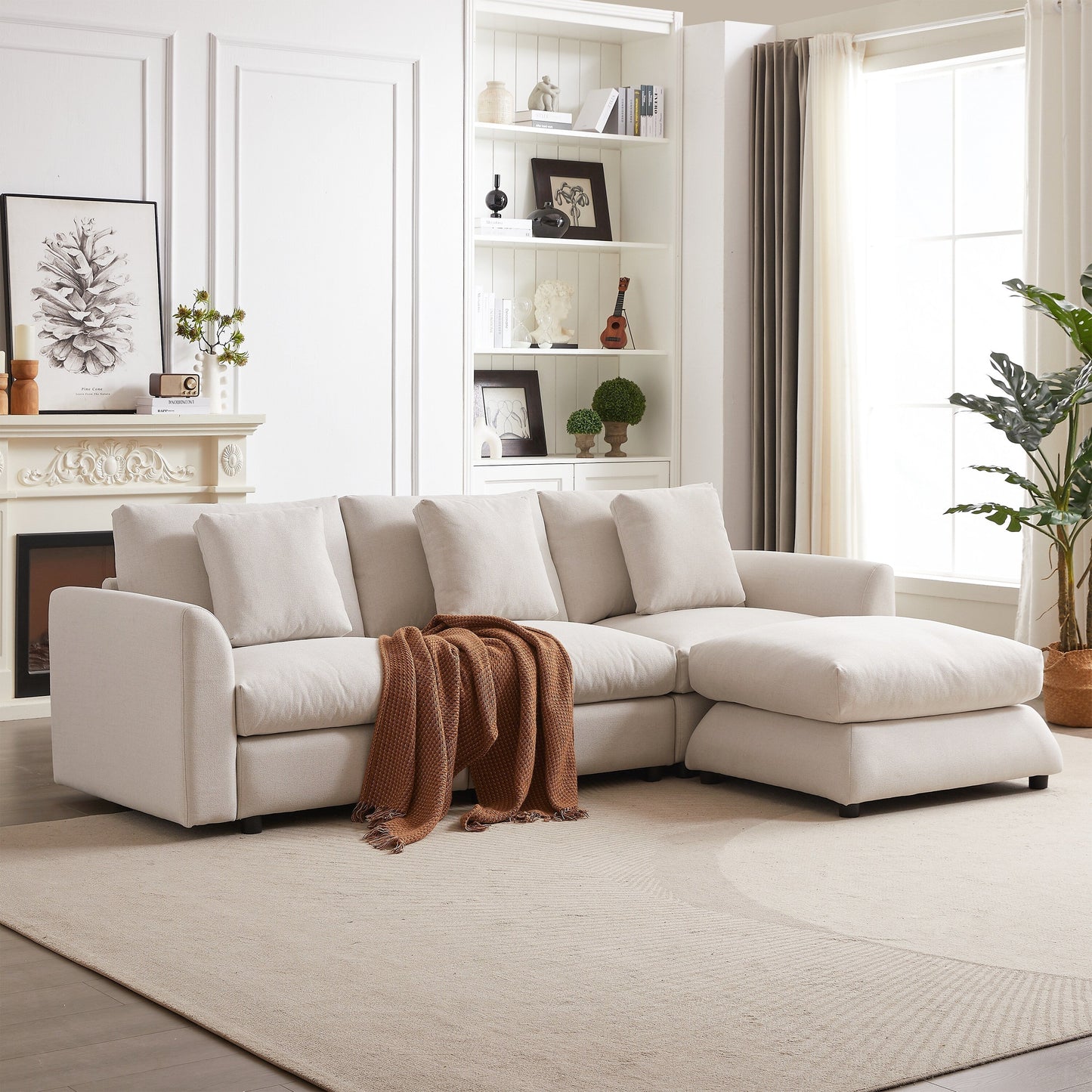 Divano componibile moderno a L con pouf, 3 cuscini e 3 cuscini per soggiorno