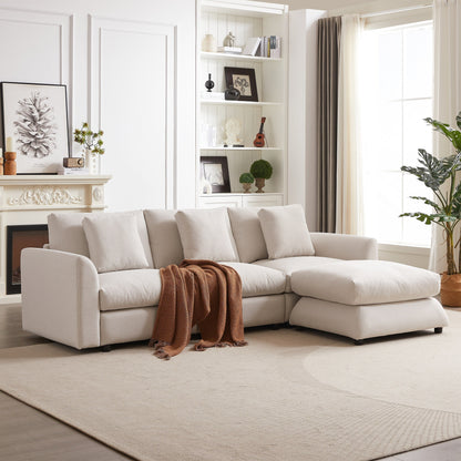 Divano componibile moderno a L con pouf, 3 cuscini e 3 cuscini per soggiorno