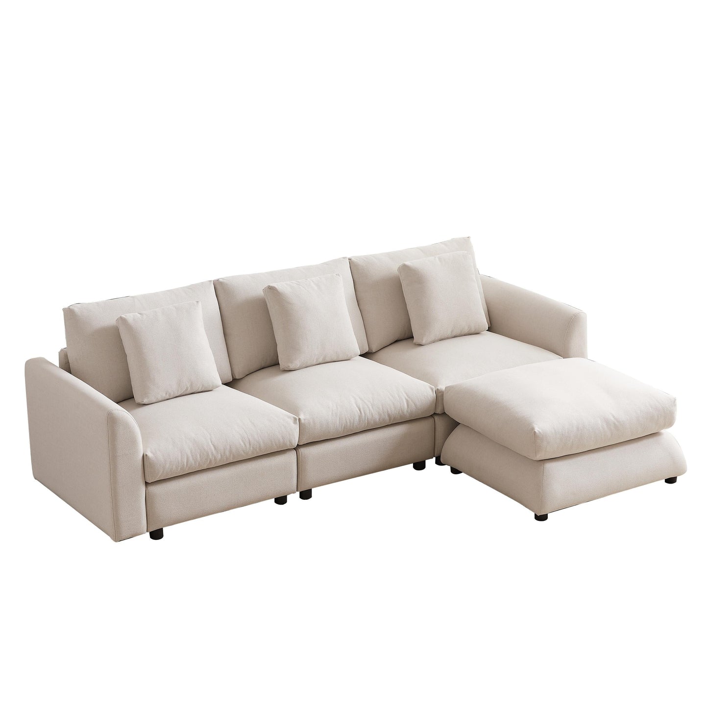 Divano componibile moderno a L con pouf, 3 cuscini e 3 cuscini per soggiorno