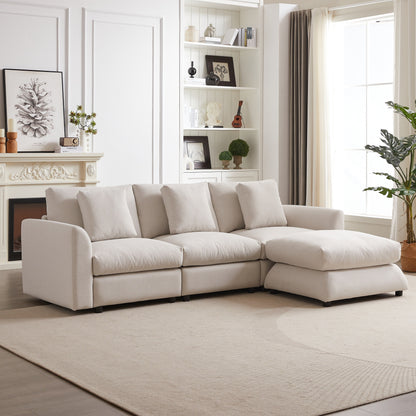 Divano componibile moderno a L con pouf, 3 cuscini e 3 cuscini per soggiorno