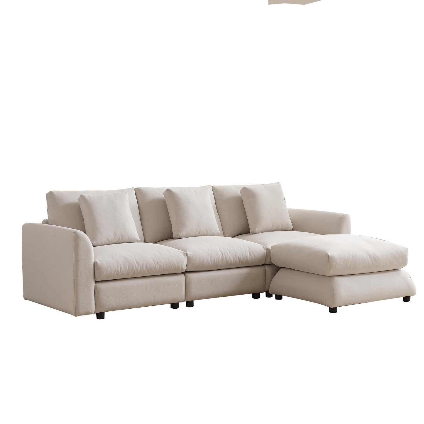 Divano componibile moderno a L con pouf, 3 cuscini e 3 cuscini per soggiorno