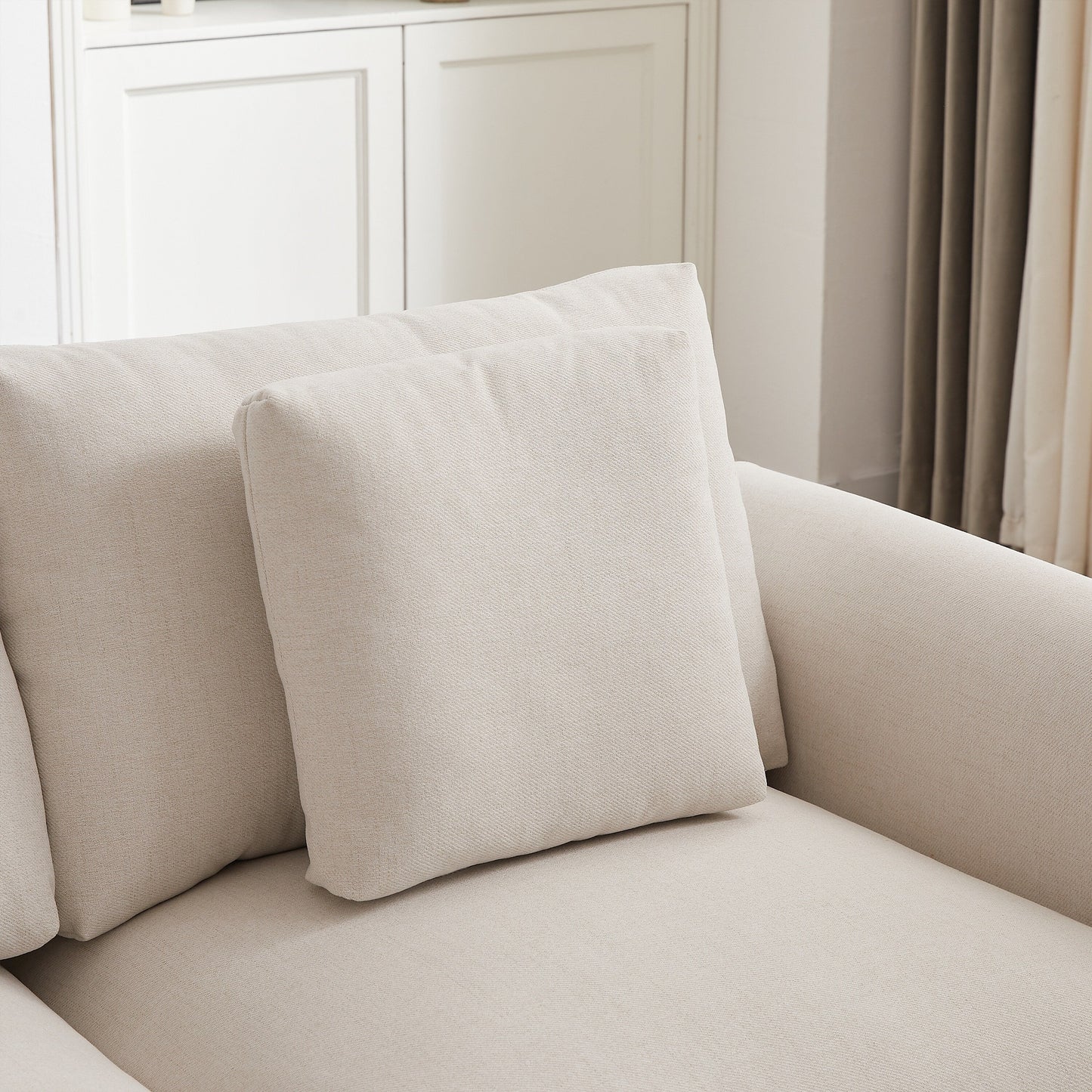 Divano componibile moderno a L con pouf, 3 cuscini e 3 cuscini per soggiorno