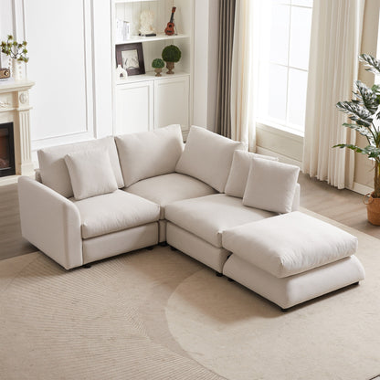 Divano componibile moderno a L con pouf, 3 cuscini e 3 cuscini per soggiorno
