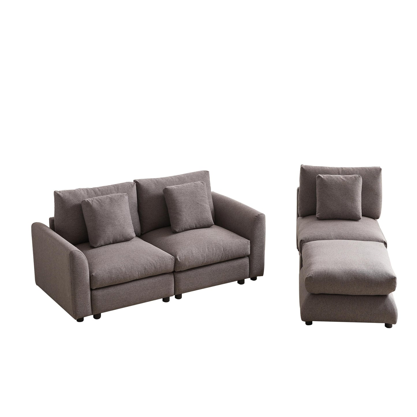 Divano componibile moderno a L con pouf, 3 cuscini e 3 cuscini per soggiorno