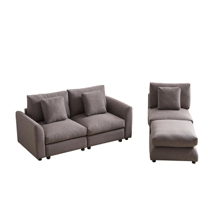 Divano componibile moderno a L con pouf, 3 cuscini e 3 cuscini per soggiorno