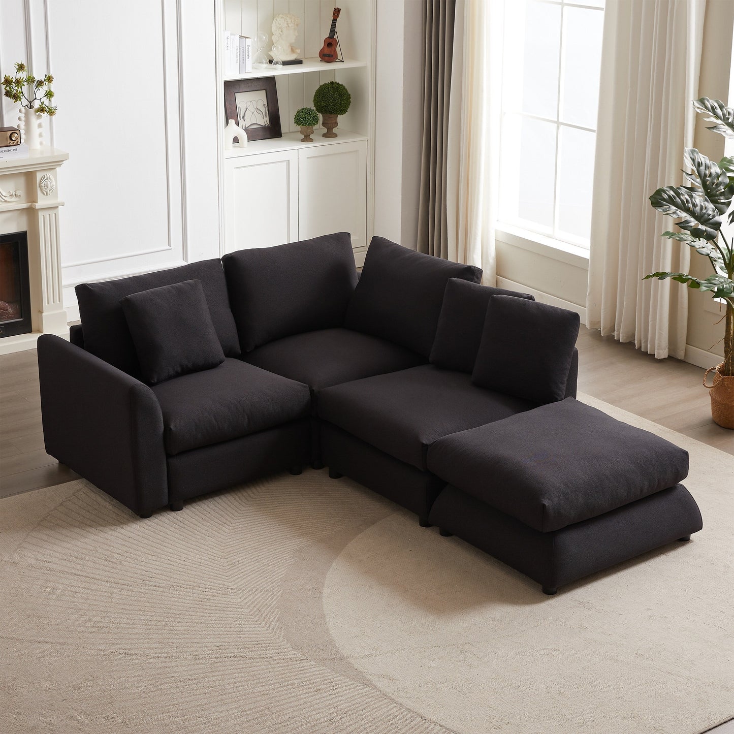 Divano componibile moderno a L con pouf, 3 cuscini e 3 cuscini per soggiorno