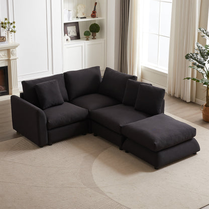 Divano componibile moderno a L con pouf, 3 cuscini e 3 cuscini per soggiorno