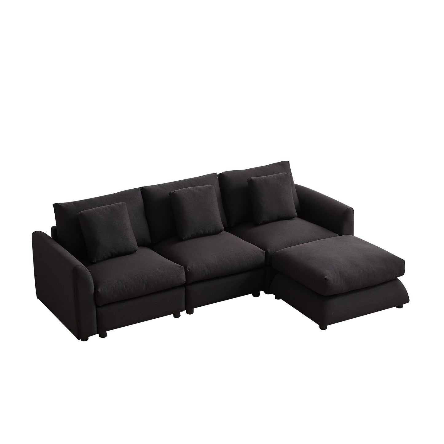 Divano componibile moderno a L con pouf, 3 cuscini e 3 cuscini per soggiorno