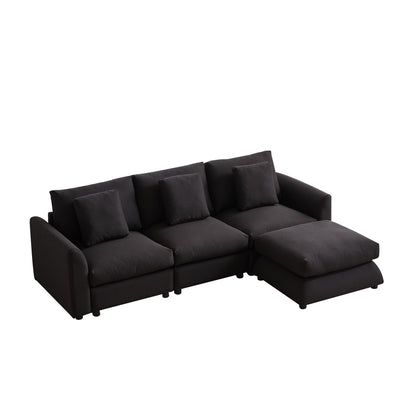 Divano componibile moderno a L con pouf, 3 cuscini e 3 cuscini per soggiorno