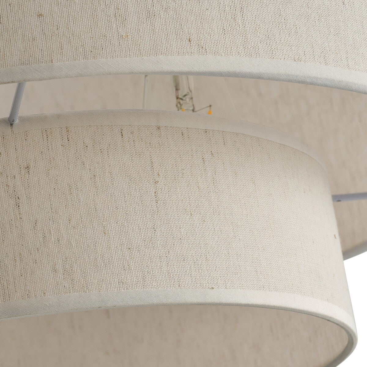 Lampada a sospensione moderna a tamburo bianco sporco con paralume in tessuto di lino a 2 livelli