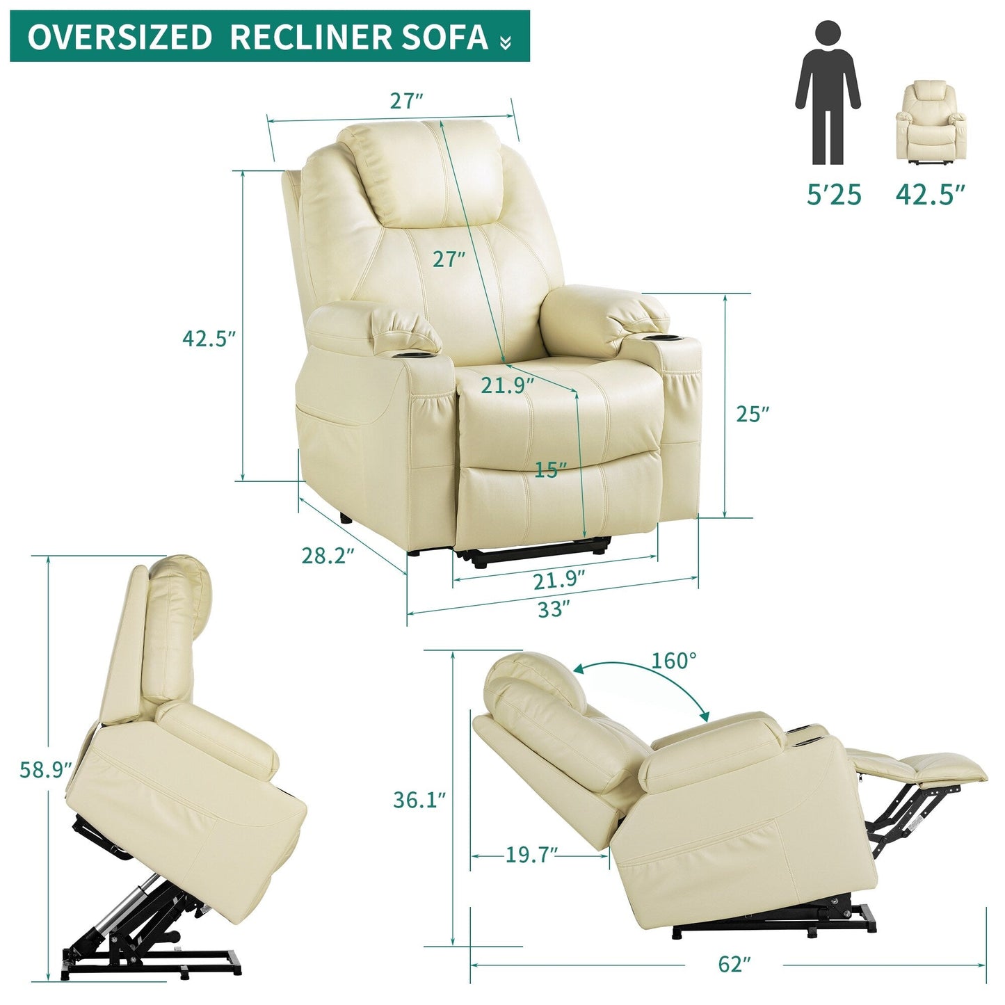 Poltrona reclinabile moderna in similpelle/tessuto color bianco sporco per massaggi