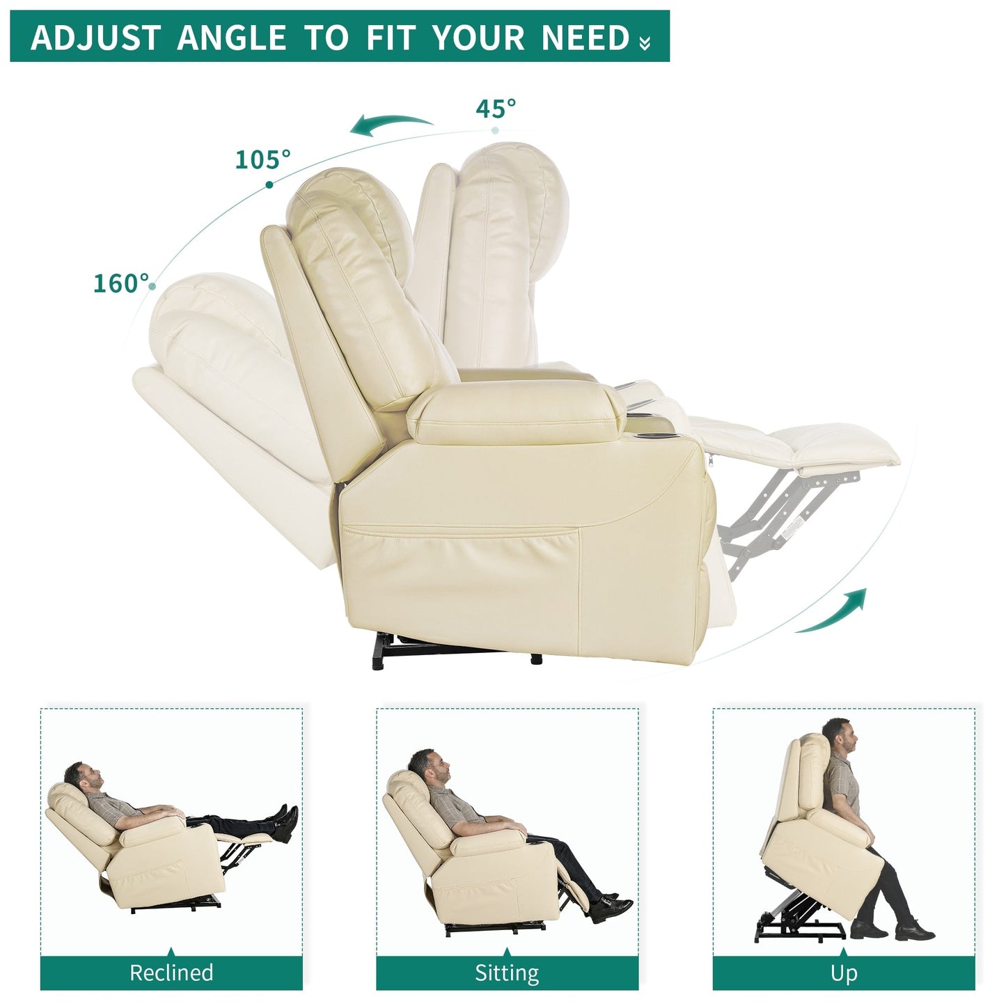 Poltrona reclinabile moderna in similpelle/tessuto color bianco sporco per massaggi