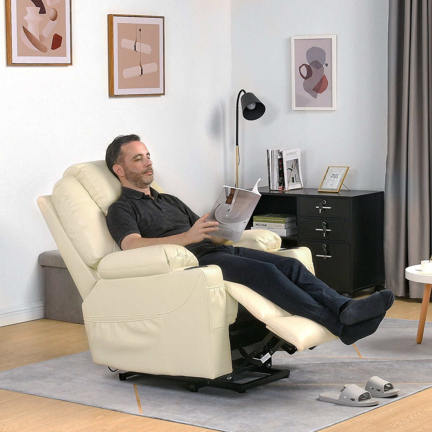 Poltrona reclinabile moderna in similpelle/tessuto color bianco sporco per massaggi