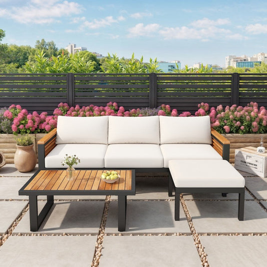 Set di divani moderni da esterno in legno di acacia e metallo, 3 pezzi, per patio