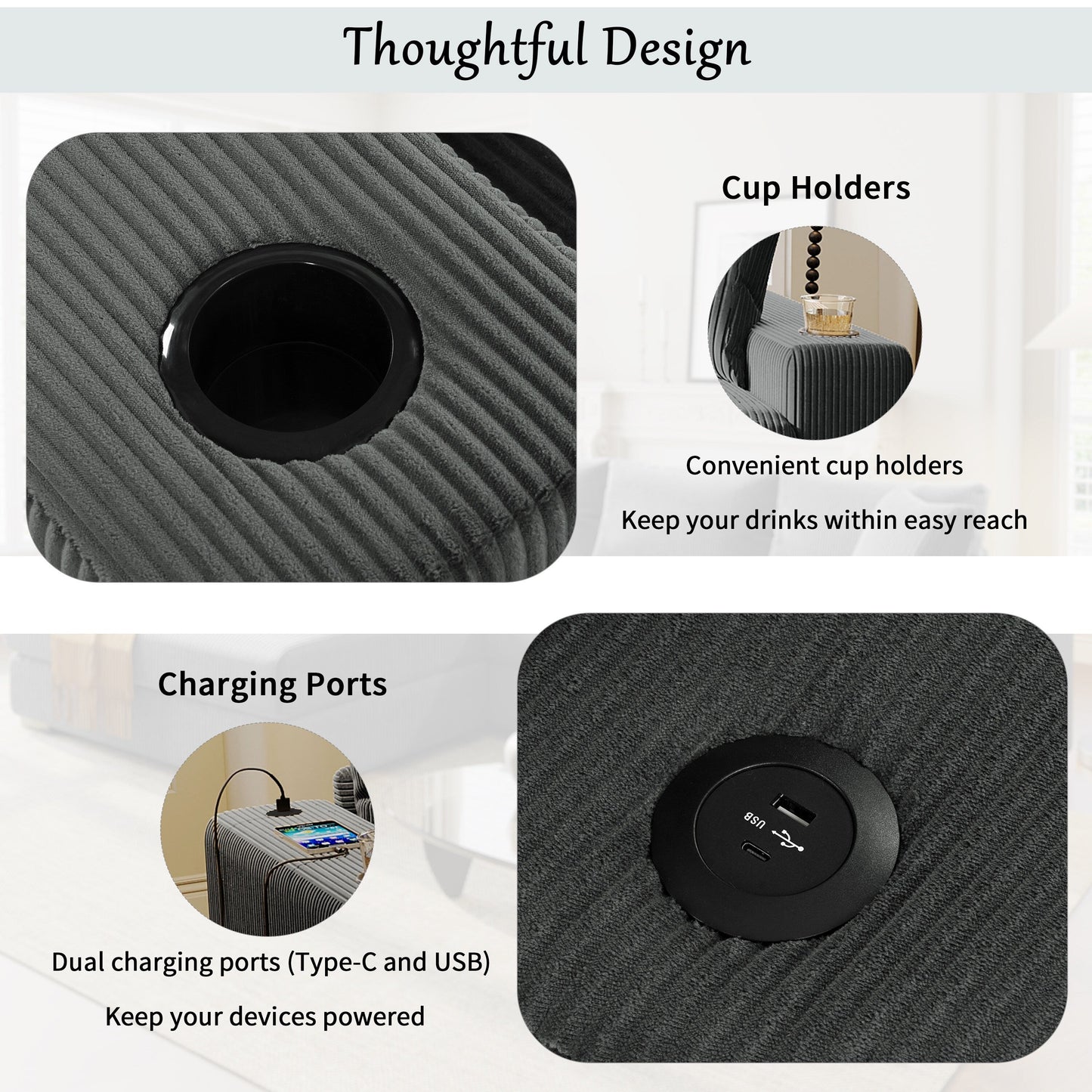 Divano componibile moderno a 3 posti di grandi dimensioni con portabicchieri e porte di ricarica USB, cuscini spessi per il soggiorno