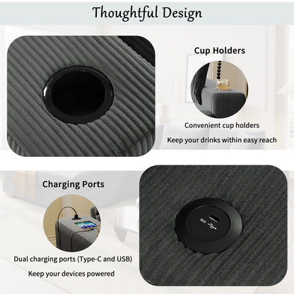 Divano componibile moderno a 3 posti di grandi dimensioni con portabicchieri e porte di ricarica USB, cuscini spessi per il soggiorno