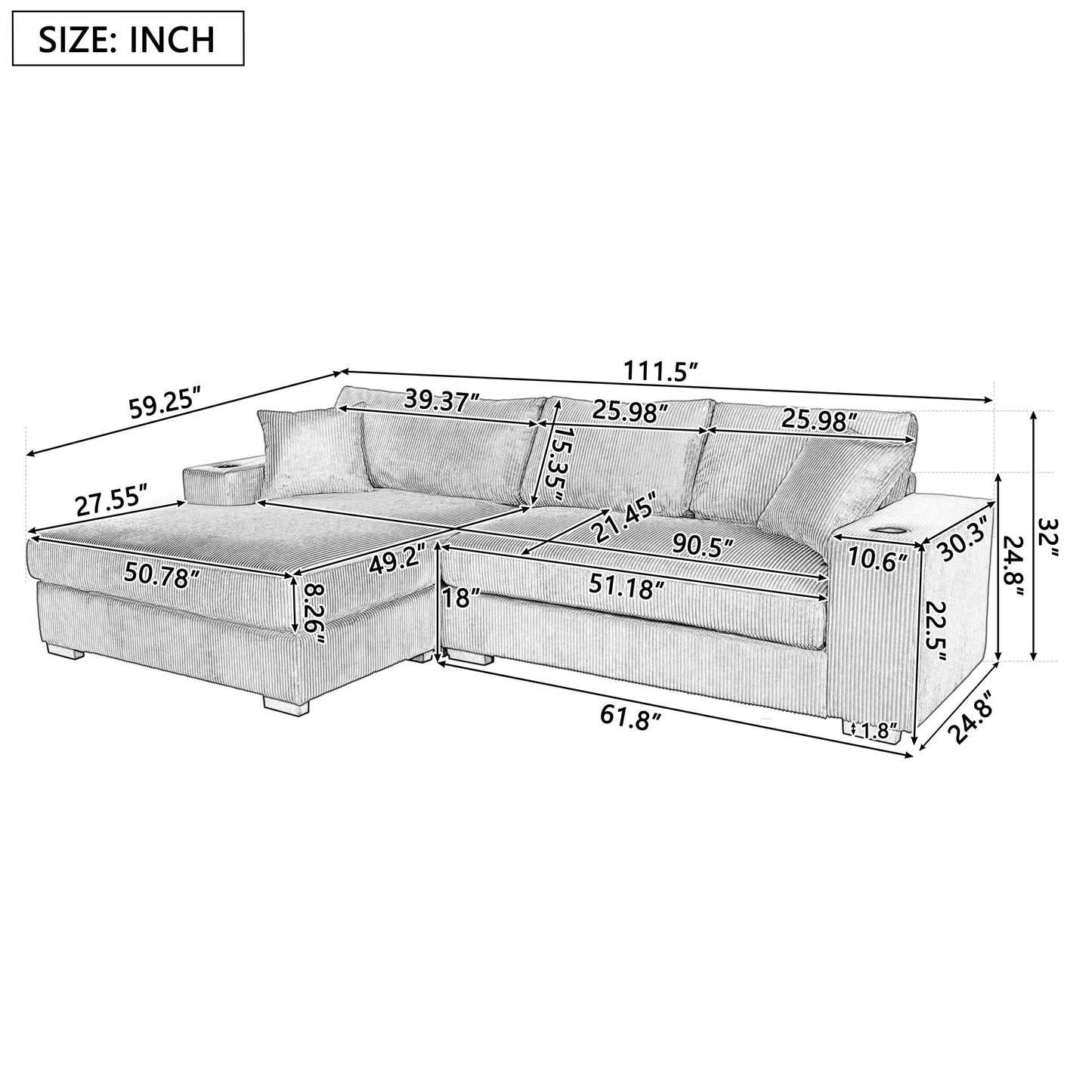 Divano componibile moderno a 3 posti di grandi dimensioni con portabicchieri e porte di ricarica USB, cuscini spessi per il soggiorno