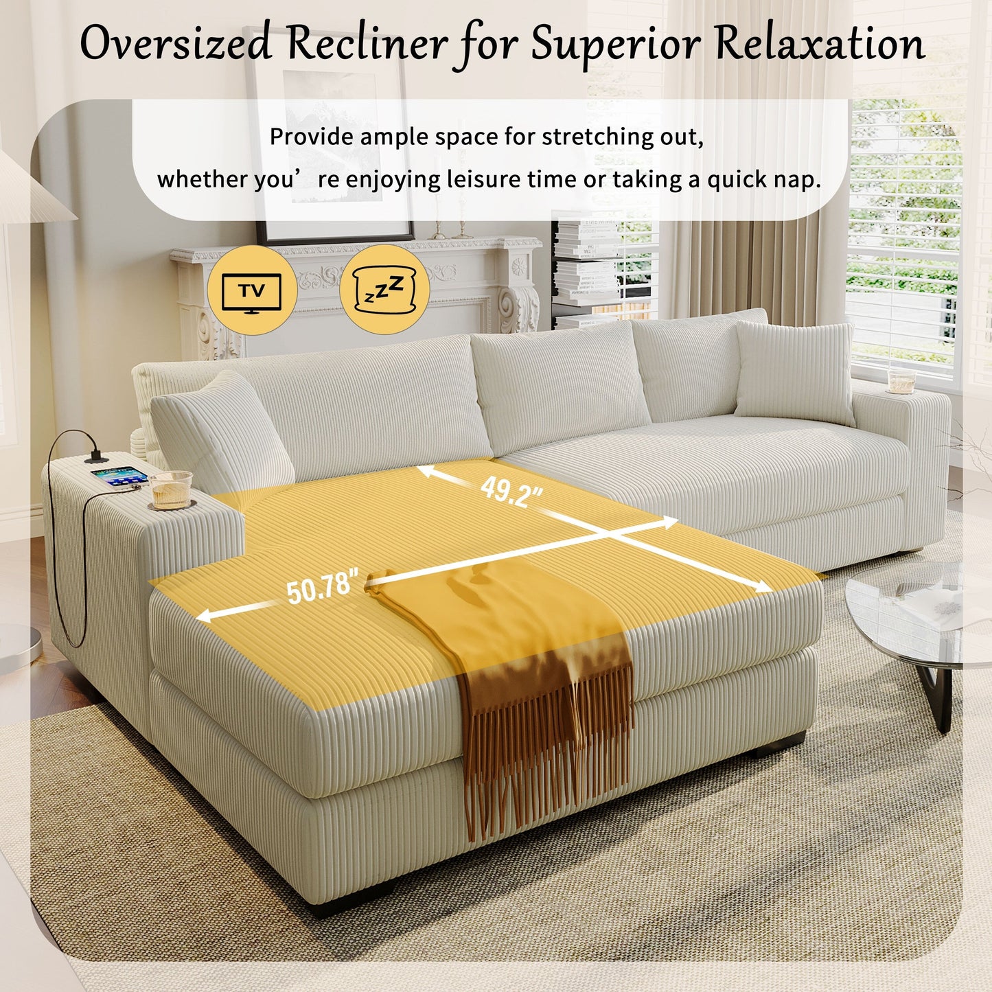 Divano componibile moderno a 3 posti di grandi dimensioni con portabicchieri e porte di ricarica USB, cuscini spessi per il soggiorno