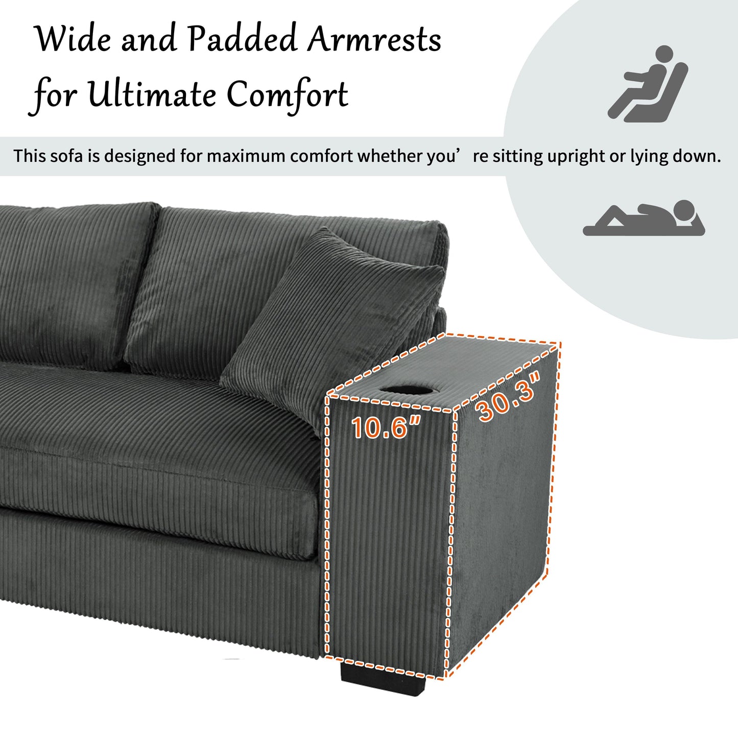 Divano componibile moderno a 3 posti di grandi dimensioni con portabicchieri e porte di ricarica USB, cuscini spessi per il soggiorno