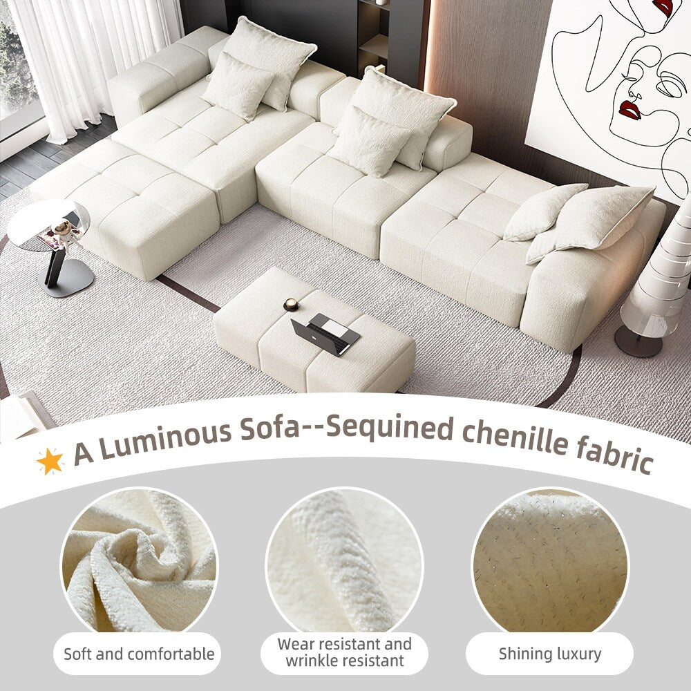 Divano componibile modulare moderno in ciniglia di grandi dimensioni, divano trapuntato con 6 cuscini e pouf per soggiorno