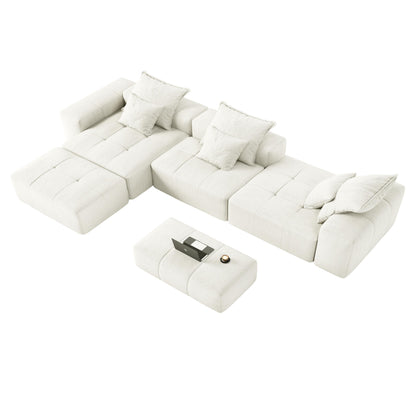 Divano componibile modulare moderno in ciniglia di grandi dimensioni, divano trapuntato con 6 cuscini e pouf per soggiorno