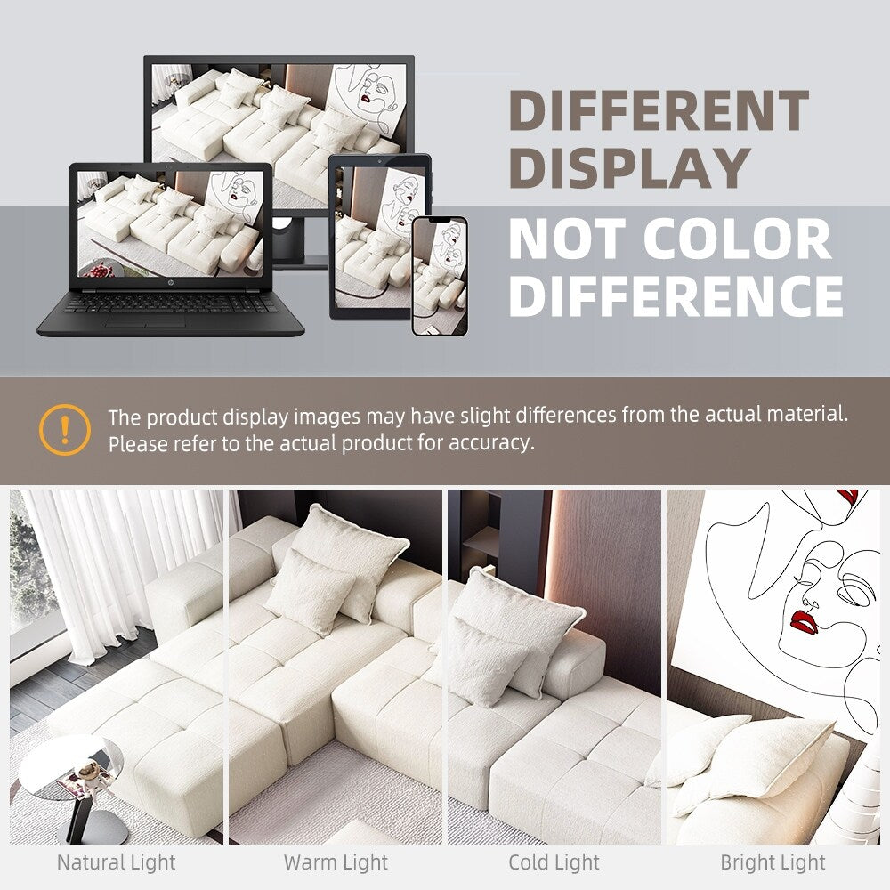 Divano componibile modulare moderno in ciniglia di grandi dimensioni, divano trapuntato con 6 cuscini e pouf per soggiorno