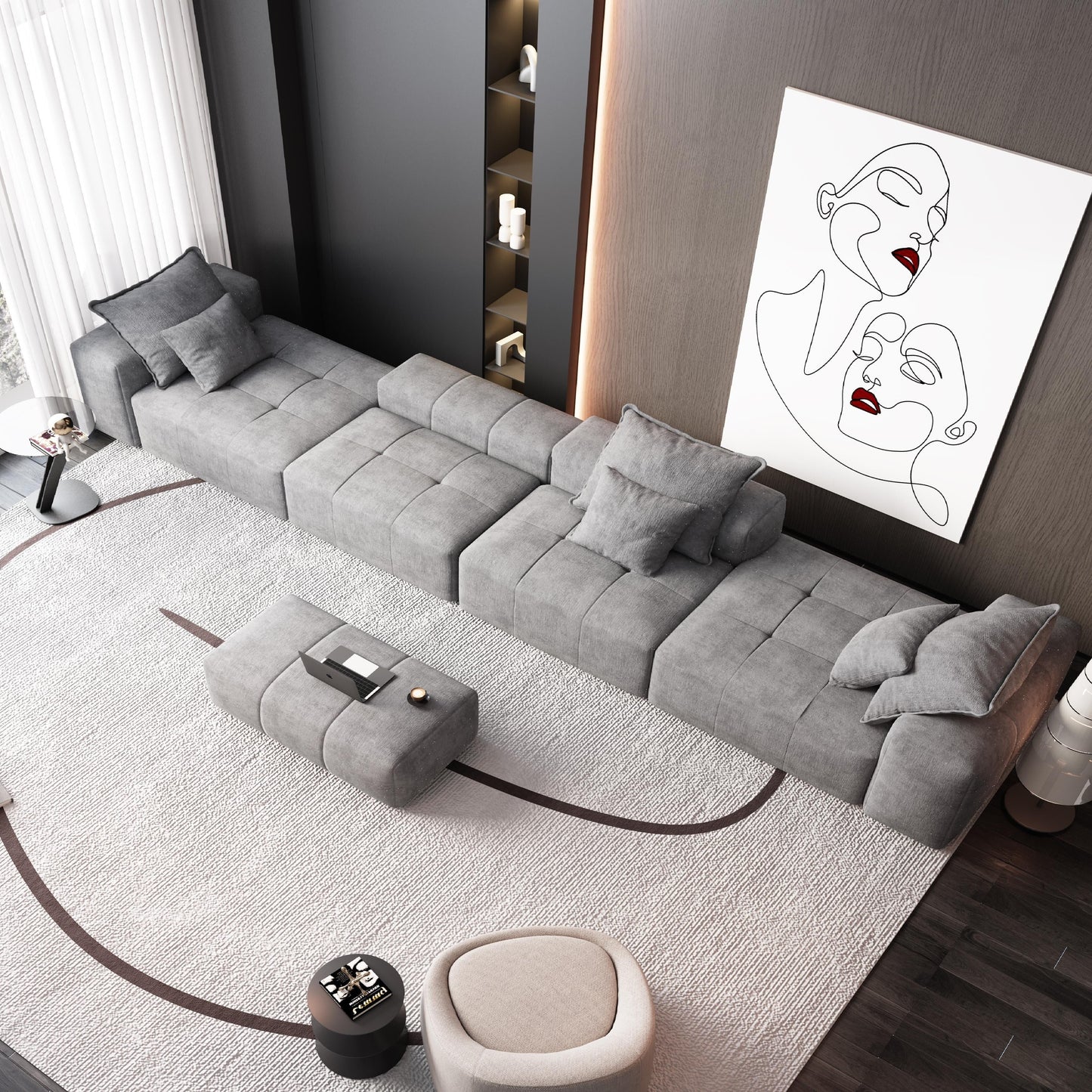 Divano componibile modulare moderno in ciniglia di grandi dimensioni, divano trapuntato con 6 cuscini e pouf per soggiorno