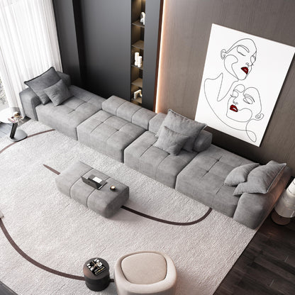 Divano componibile modulare moderno in ciniglia di grandi dimensioni, divano trapuntato con 6 cuscini e pouf per soggiorno