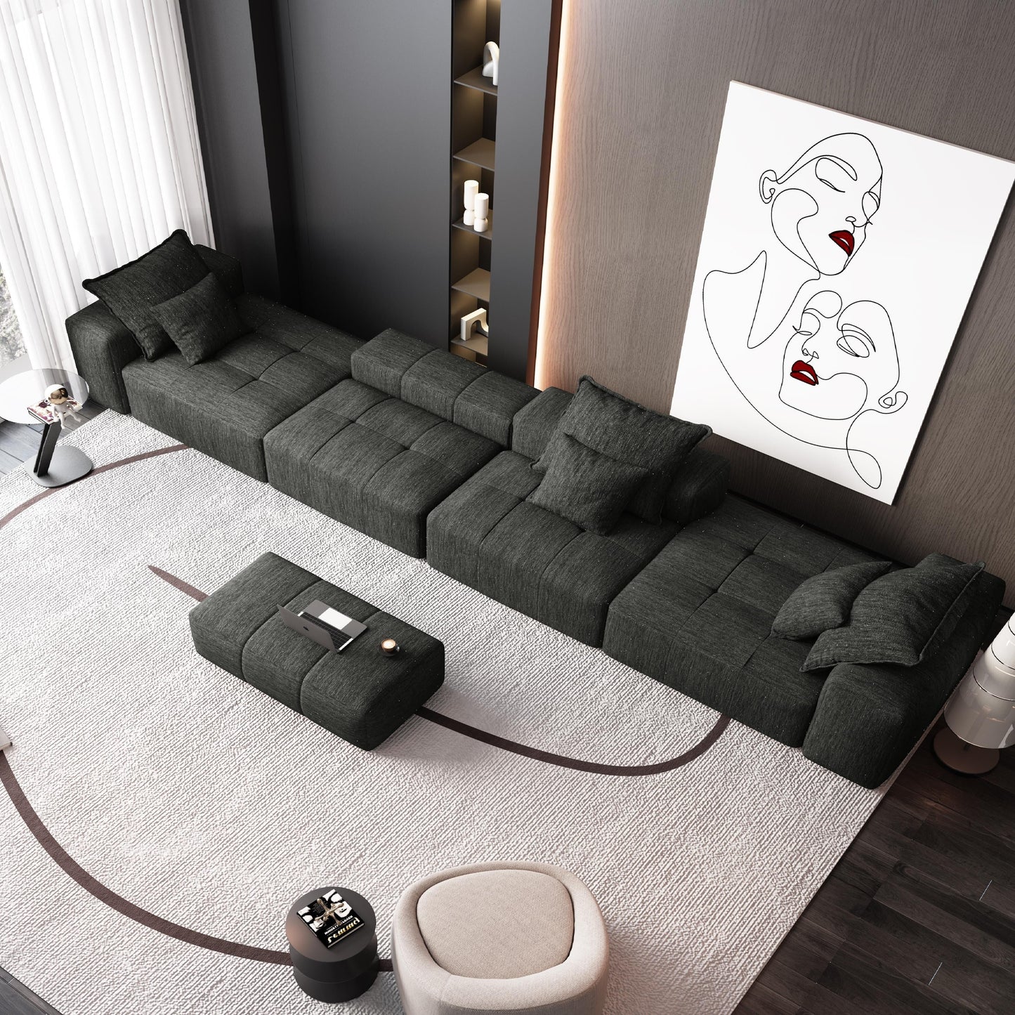 Divano componibile modulare moderno in ciniglia di grandi dimensioni, divano trapuntato con 6 cuscini e pouf per soggiorno