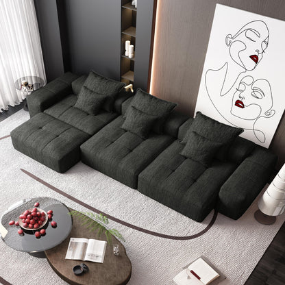 Divano componibile modulare moderno in ciniglia di grandi dimensioni, divano trapuntato con 6 cuscini e pouf per soggiorno