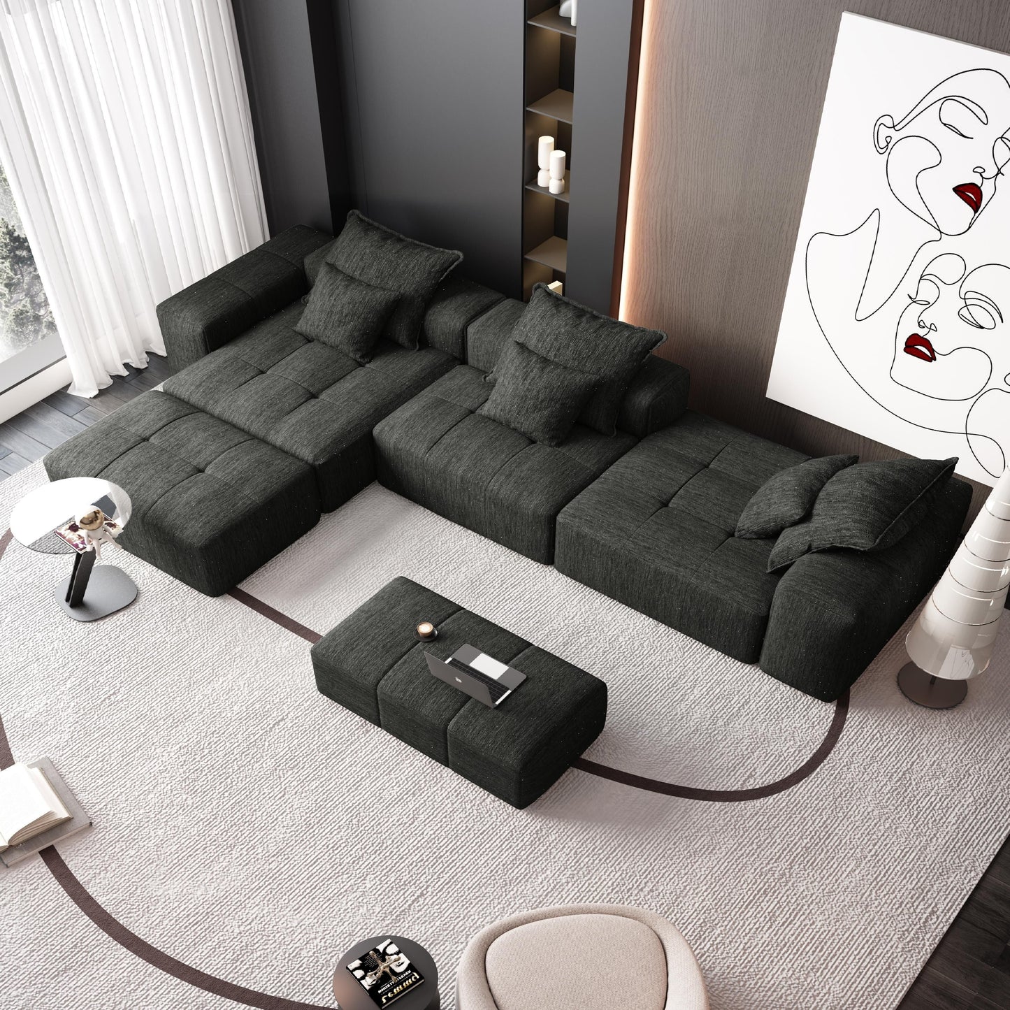 Divano componibile modulare moderno in ciniglia di grandi dimensioni, divano trapuntato con 6 cuscini e pouf per soggiorno