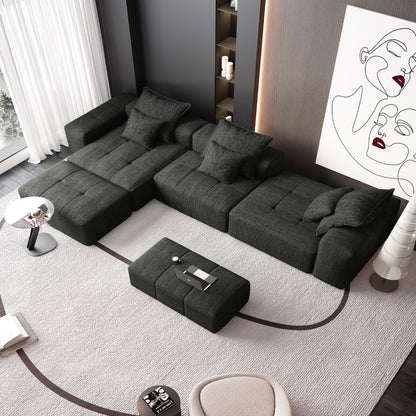 Divano componibile modulare moderno in ciniglia di grandi dimensioni, divano trapuntato con 6 cuscini e pouf per soggiorno