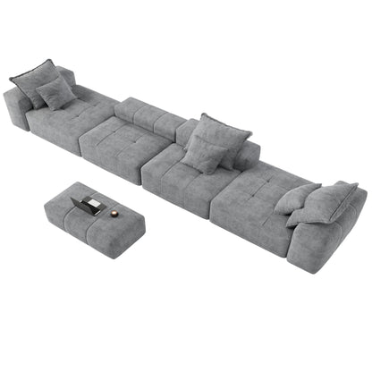 Divano componibile modulare moderno in ciniglia di grandi dimensioni, divano trapuntato con 6 cuscini e pouf per soggiorno