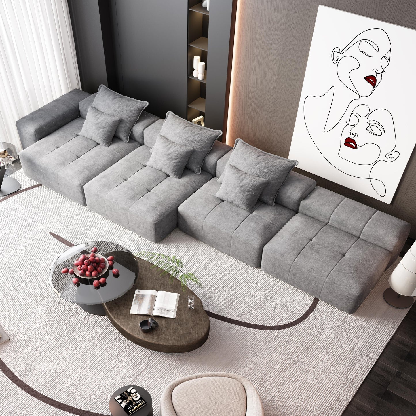 Divano componibile modulare moderno in ciniglia di grandi dimensioni, divano trapuntato con 6 cuscini e pouf per soggiorno