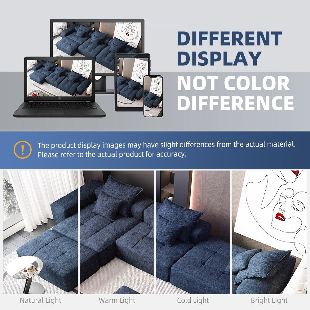 Divano componibile modulare moderno in ciniglia di grandi dimensioni, divano trapuntato con 6 cuscini e pouf per soggiorno