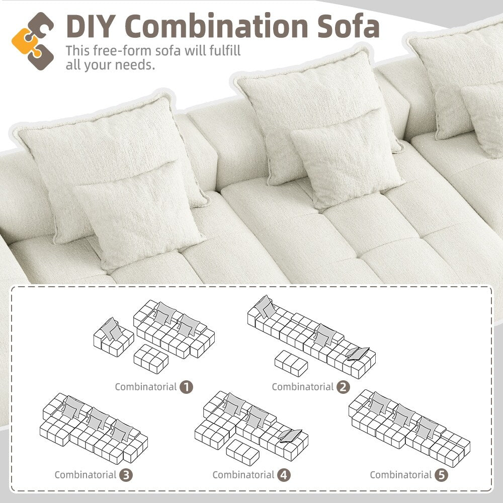 Divano componibile modulare moderno in ciniglia di grandi dimensioni, divano trapuntato con 6 cuscini e pouf per soggiorno