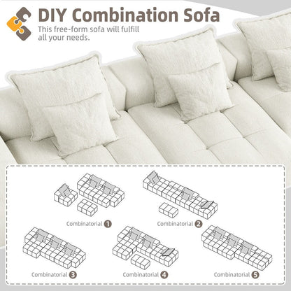 Divano componibile modulare moderno in ciniglia di grandi dimensioni, divano trapuntato con 6 cuscini e pouf per soggiorno