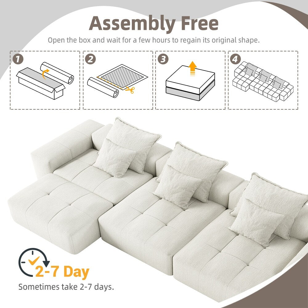 Divano componibile modulare moderno in ciniglia di grandi dimensioni, divano trapuntato con 6 cuscini e pouf per soggiorno