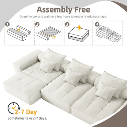 Divano componibile modulare moderno in ciniglia di grandi dimensioni, divano trapuntato con 6 cuscini e pouf per soggiorno