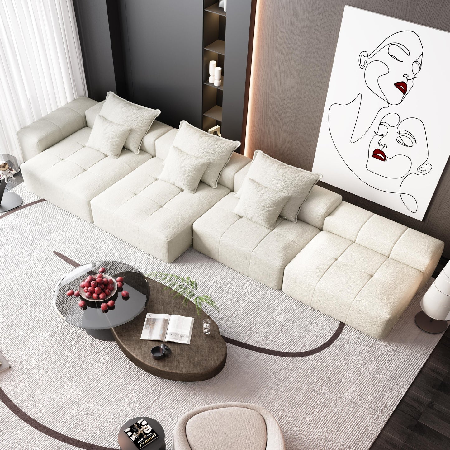 Divano componibile modulare moderno in ciniglia di grandi dimensioni, divano trapuntato con 6 cuscini e pouf per soggiorno