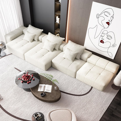 Divano componibile modulare moderno in ciniglia di grandi dimensioni, divano trapuntato con 6 cuscini e pouf per soggiorno