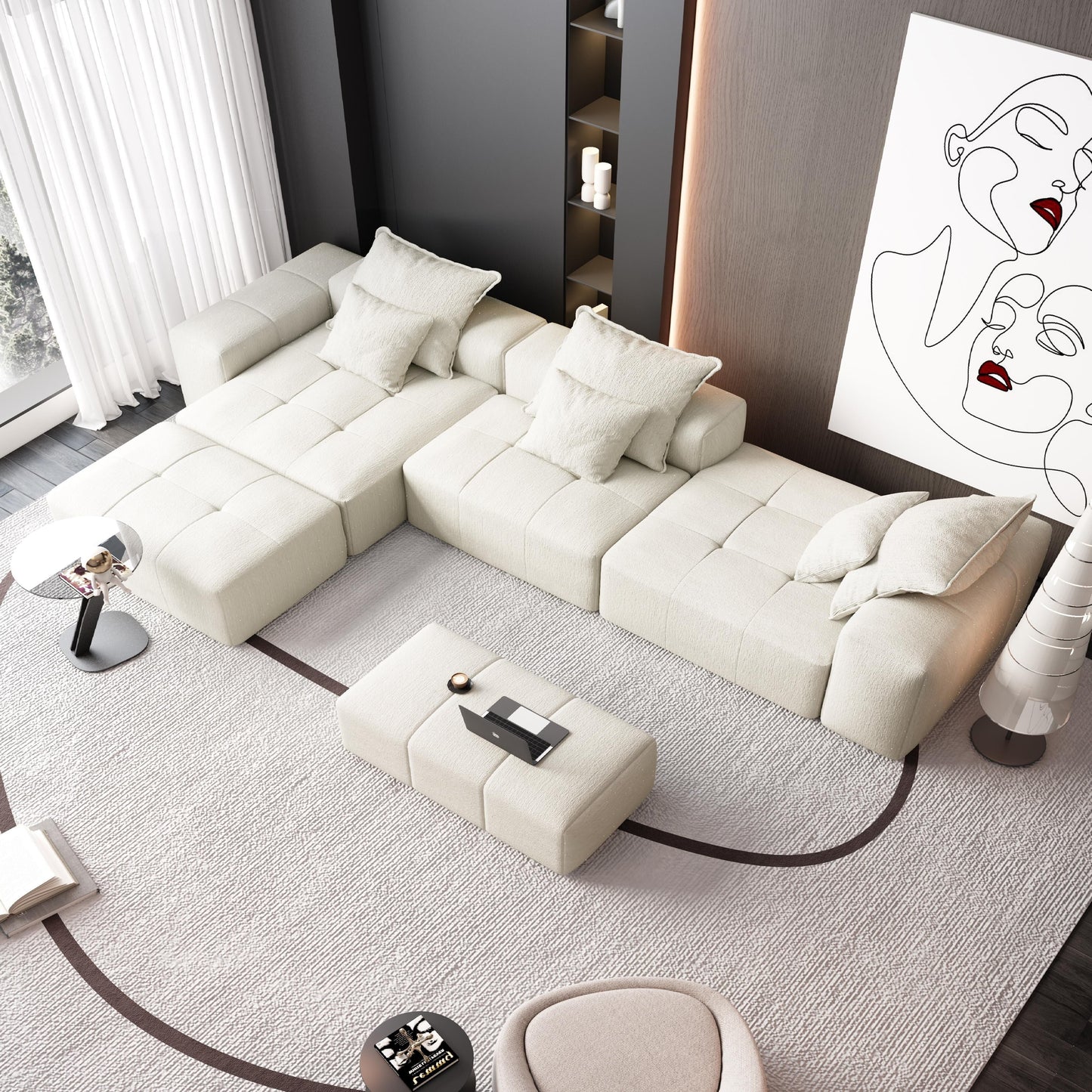 Divano componibile modulare moderno in ciniglia di grandi dimensioni, divano trapuntato con 6 cuscini e pouf per soggiorno