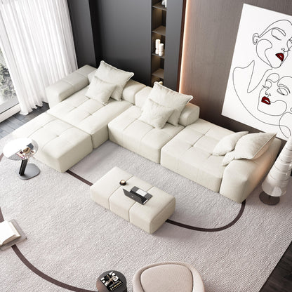 Divano componibile modulare moderno in ciniglia di grandi dimensioni, divano trapuntato con 6 cuscini e pouf per soggiorno